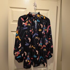 Crosby By Millie Burch Black Abstract Colorful Face Ruffle Neck Blouse M